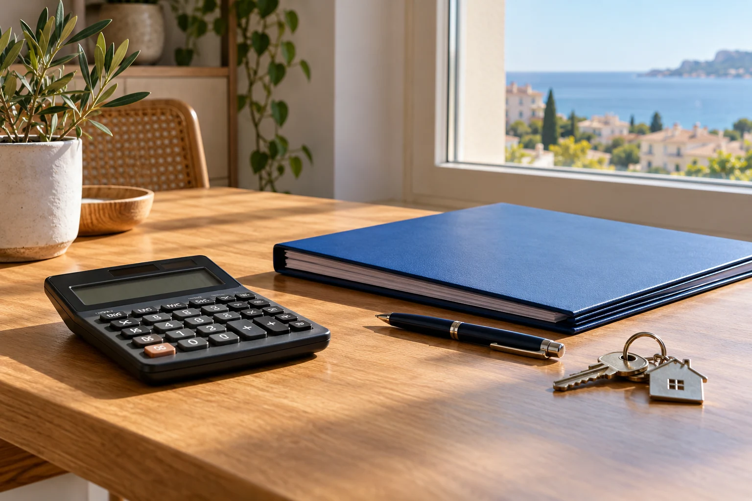 Calculadora, carpeta y llaves de una vivienda sobre un escritorio