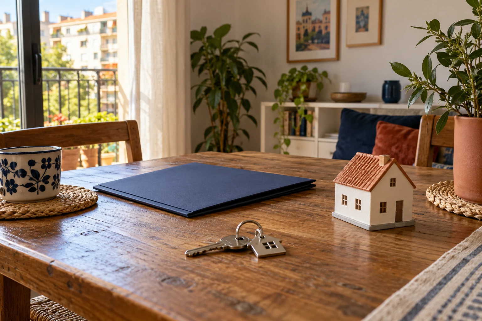 Llaves, carpeta y una casa en miniatura sobre una mesa
